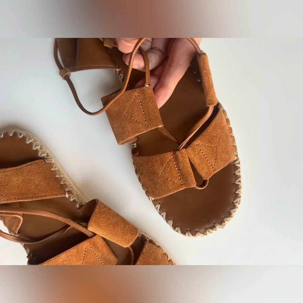 Vince. Tibor brown suede leather wrap ankle tie espadrille flat sandals 8